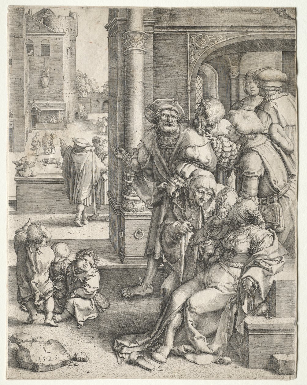 De dichter Vergilius opgehangen in een mand door Lucas van Leyden