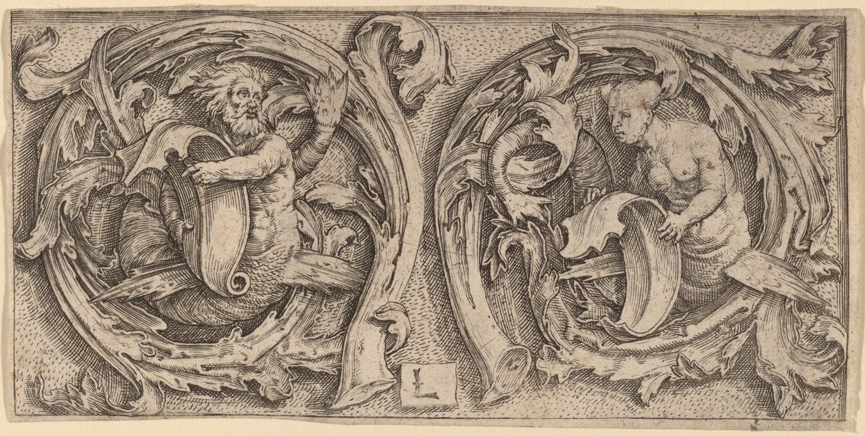 Triton en sirene in ranken door Lucas van Leyden