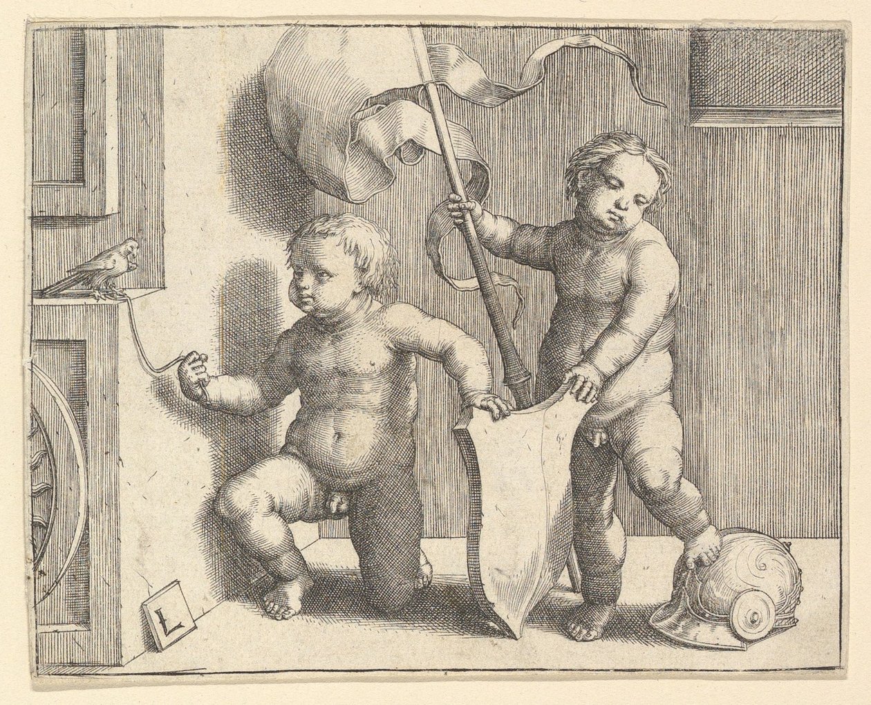 Twee Naakte Kinderen die een Leeg Schild Ondersteunen, ca. 1510 door Lucas van Leyden