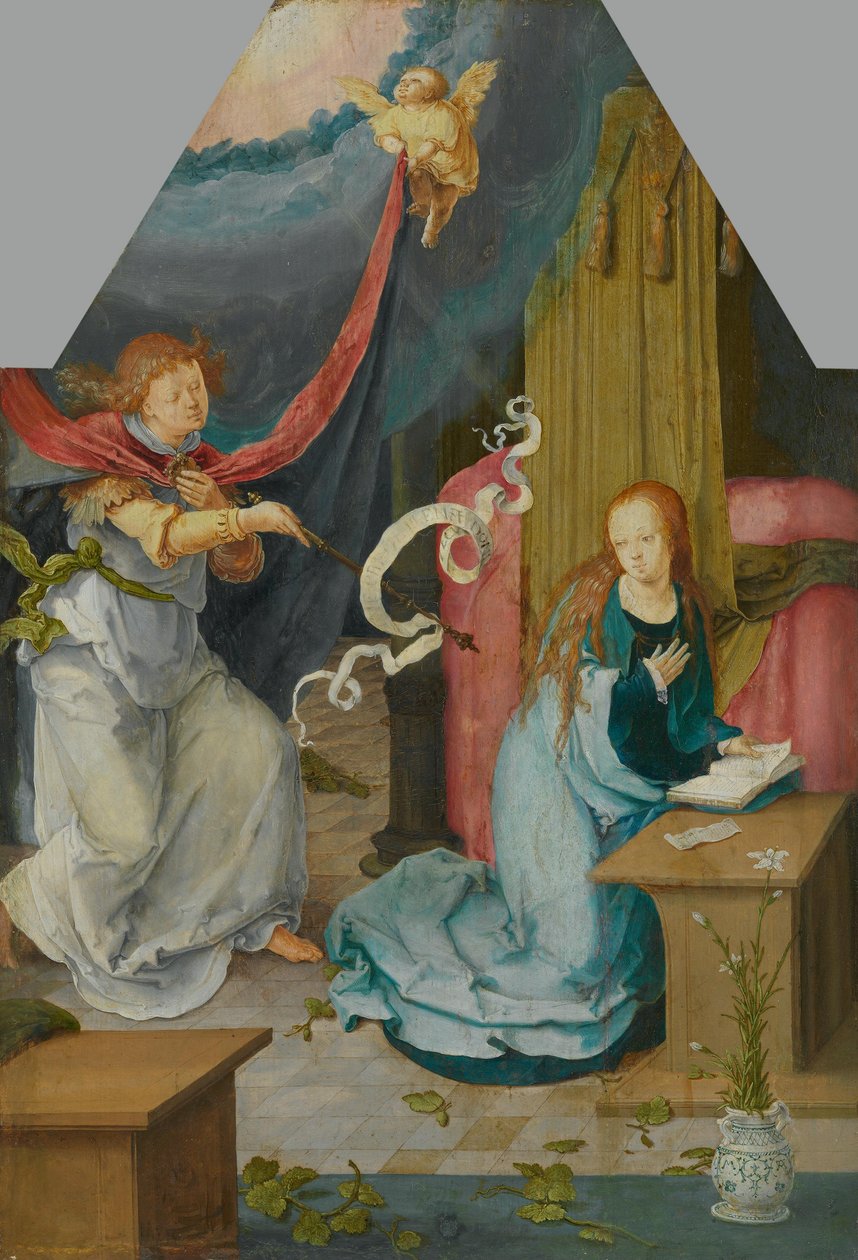 Annunciatie aan Maria (afgescheiden buitenzijde van inv.nr. 742) door Lucas van Leyden