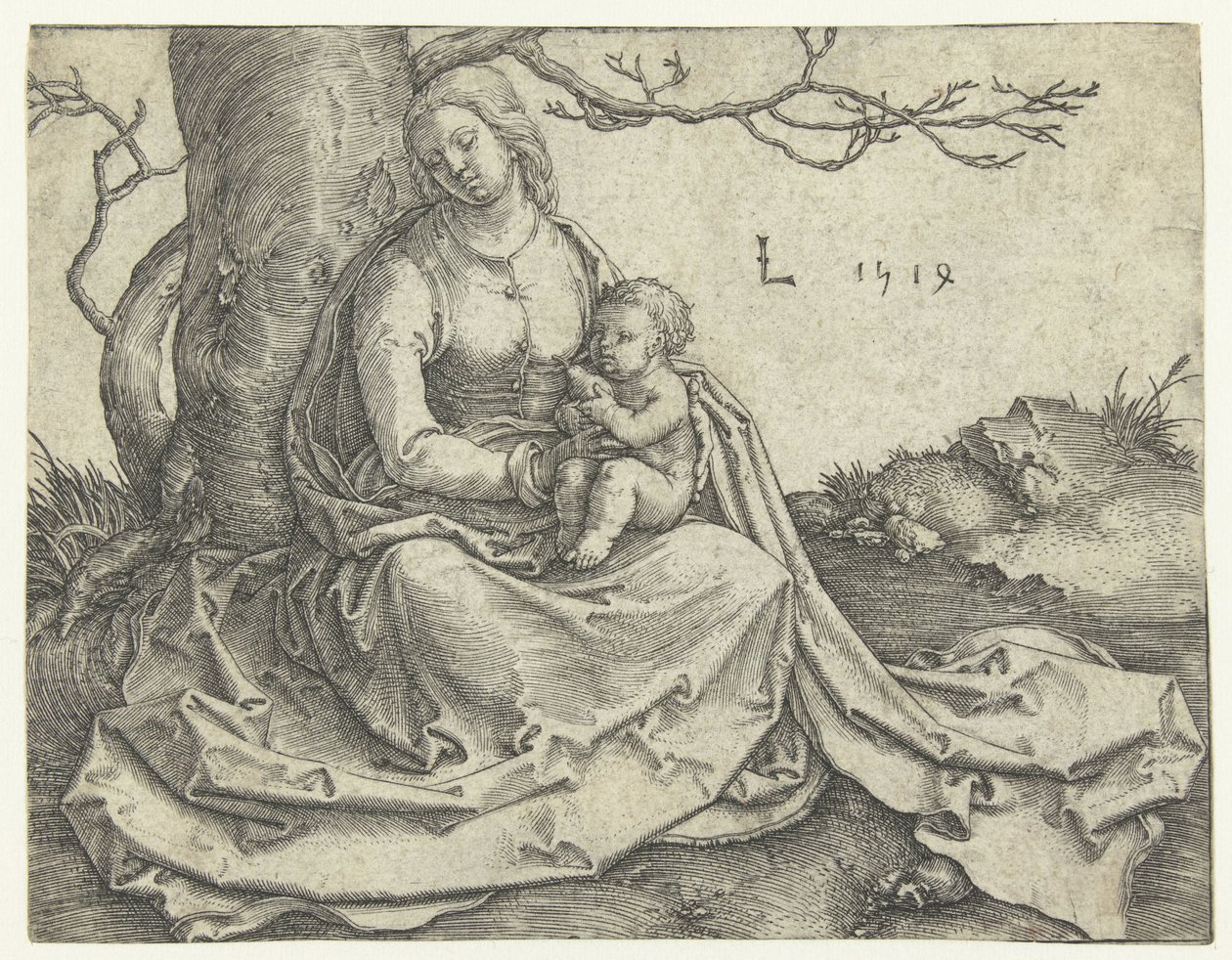 Maagd en Kind zittend onder een boom door Lucas van Leyden
