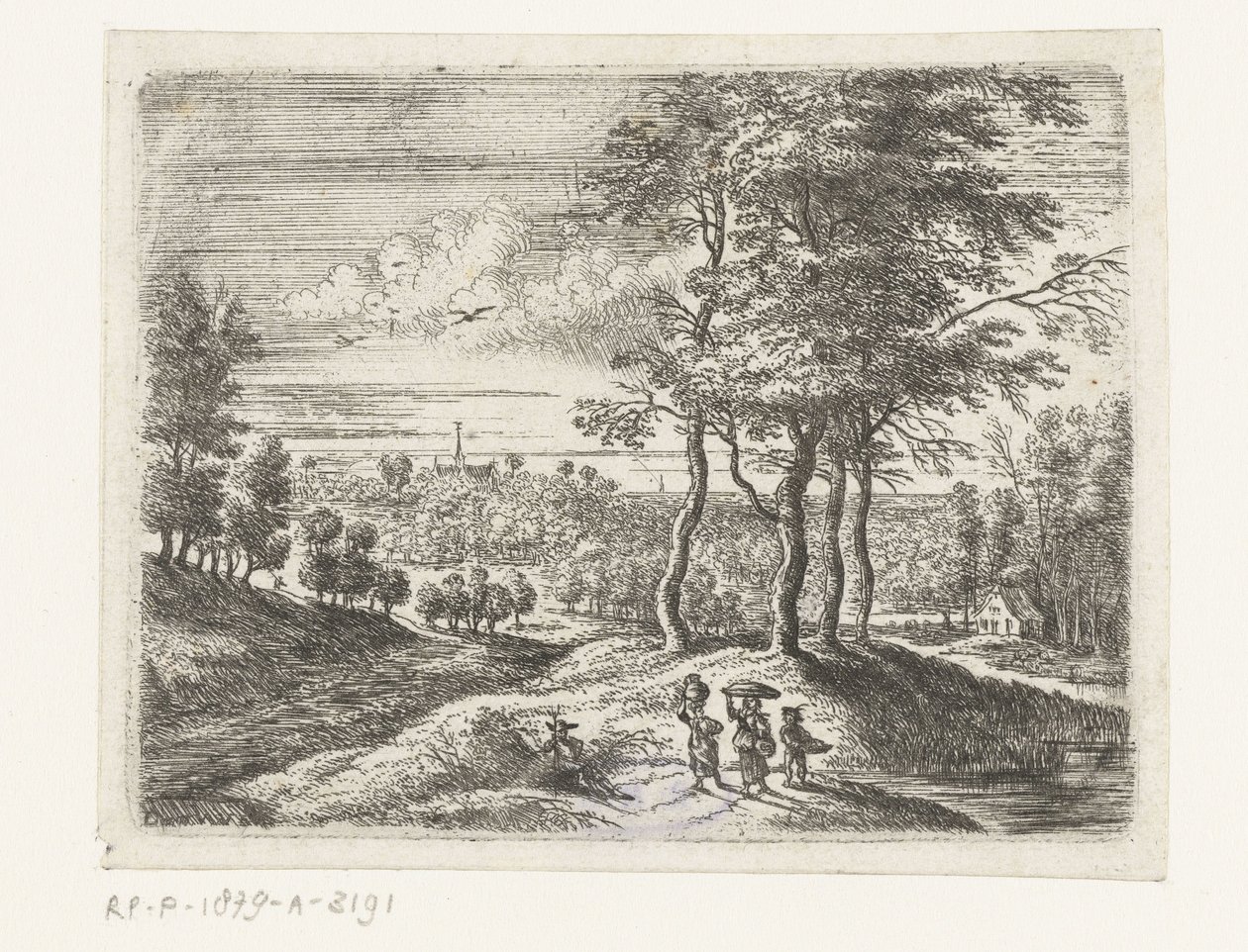 Boslandschap met twee vrouwen en een jongen met een mand door Lucas van Uden