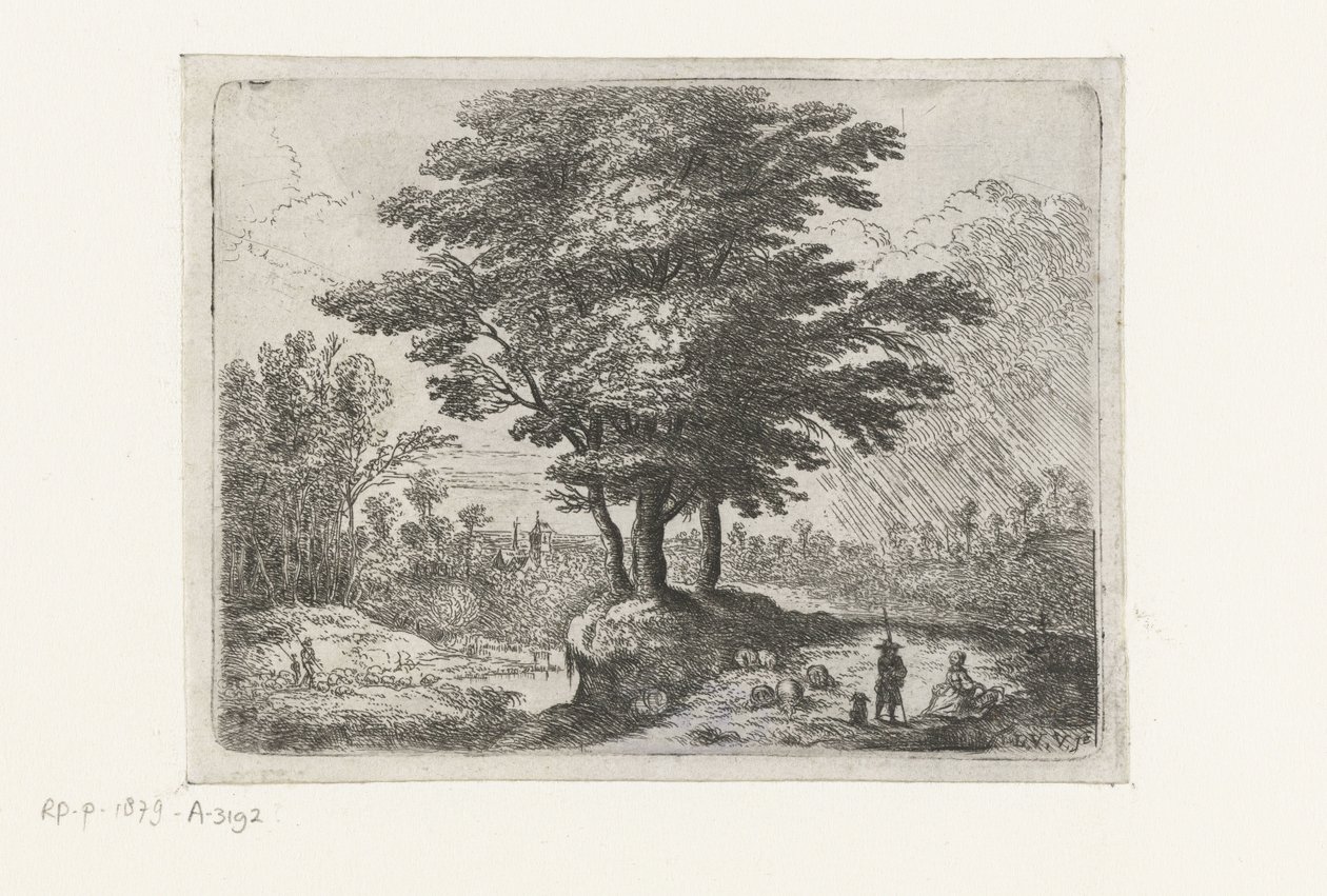 Drie bomen, een herder met schapen en een hond door Lucas van Uden
