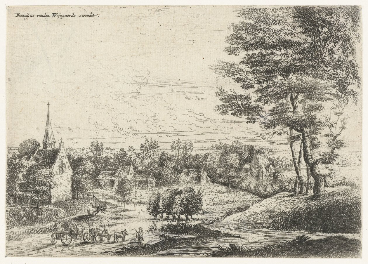Gezicht op een dorp met een huifkar door Lucas van Uden