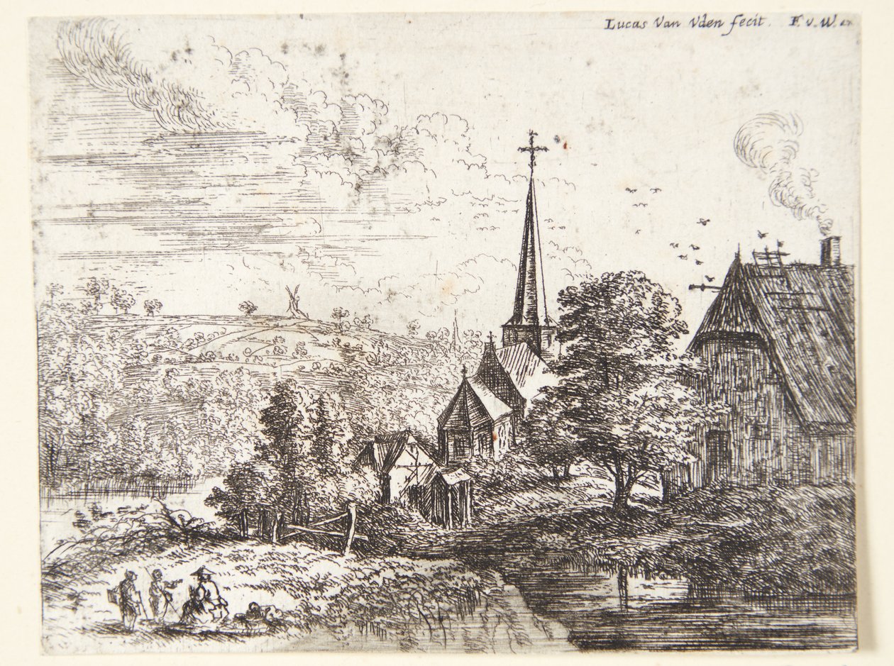 Dorp bij een rivier, op de voorgrond drie figuren door Lucas van Uden