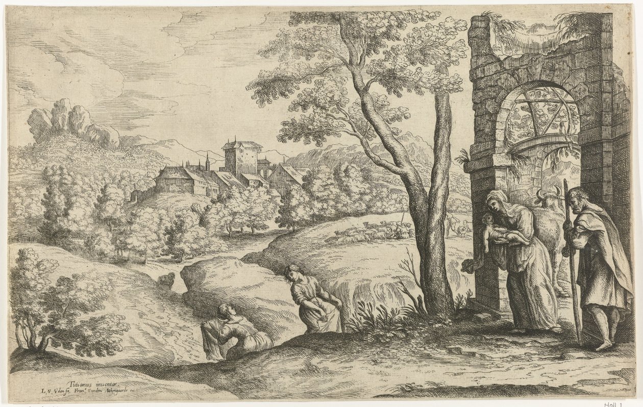 Landschap met de heilige familie en twee vroedvrouwen door Lucas van Uden