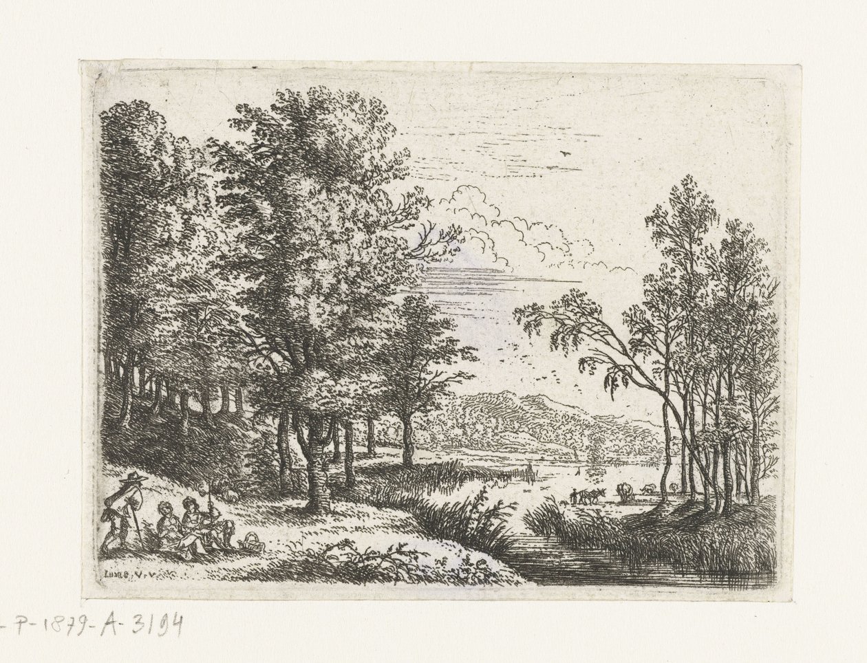Landschap met drie figuren bij een meer Kleine landschappen (serie) door Lucas van Uden