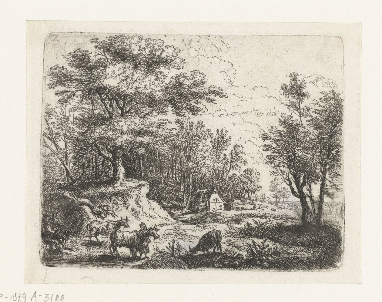 Landschap met drie koeien en een vrouw door Lucas van Uden