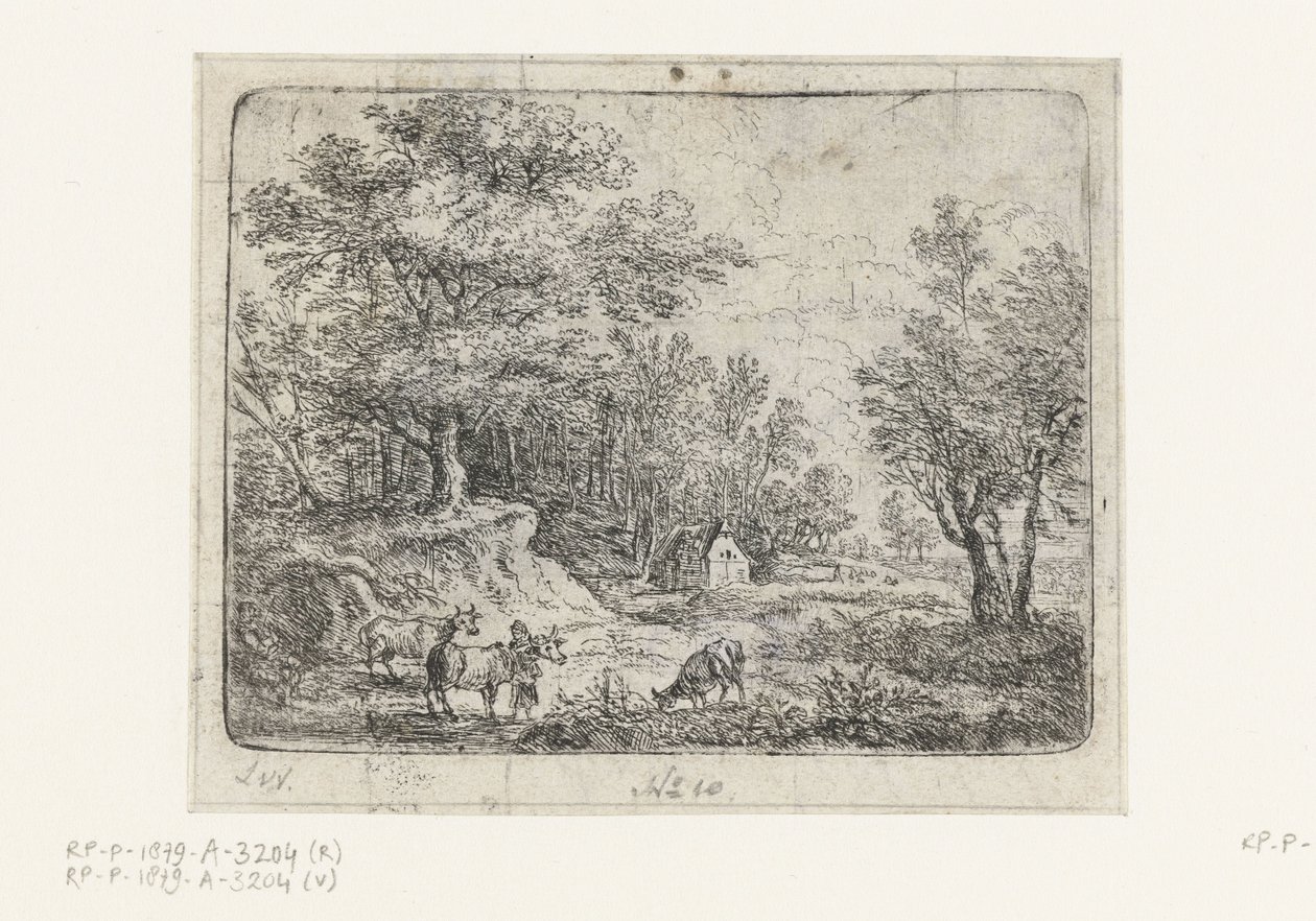 Landschap met drie koeien en een vrouw door Lucas van Uden
