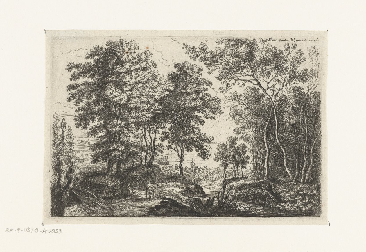 Landschap met een beek door een bos door Lucas van Uden