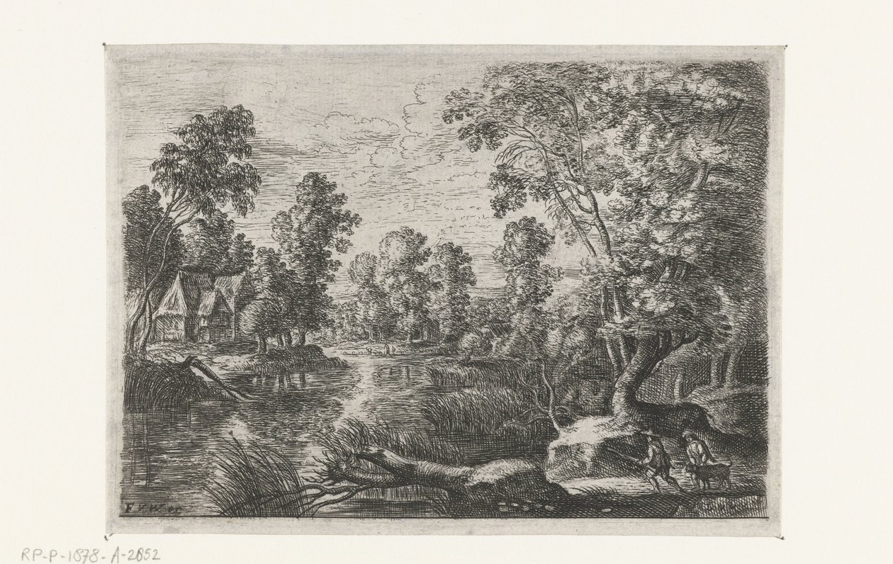 Landschap met een beek en een jager door Lucas van Uden