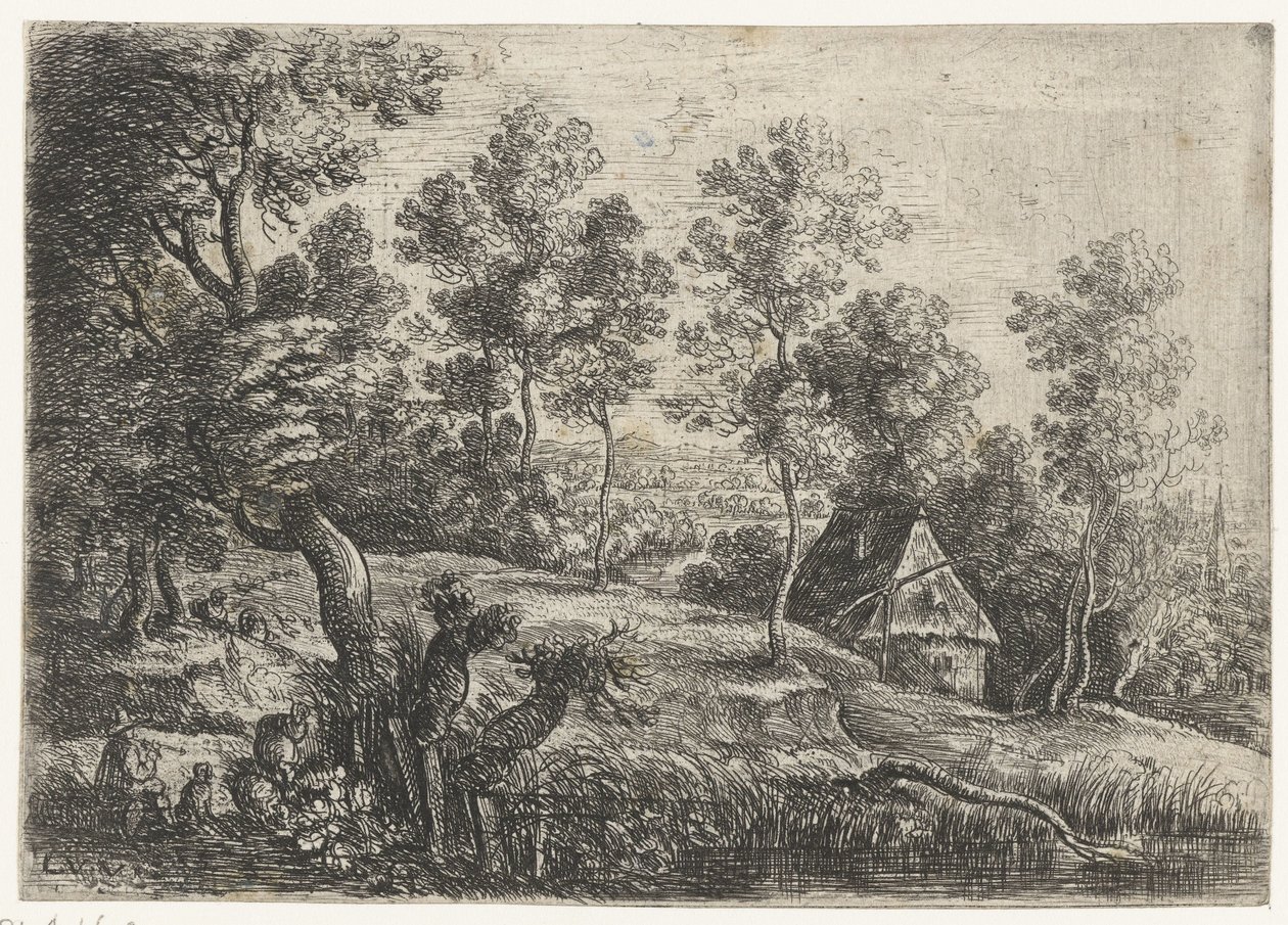 Landschap met een huis en een waterput door Lucas van Uden