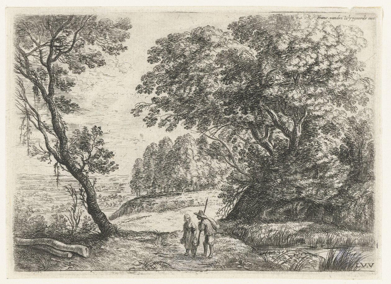 Landschap met een man en vrouw in gesprek Zes landschappen (serietitel) door Lucas van Uden