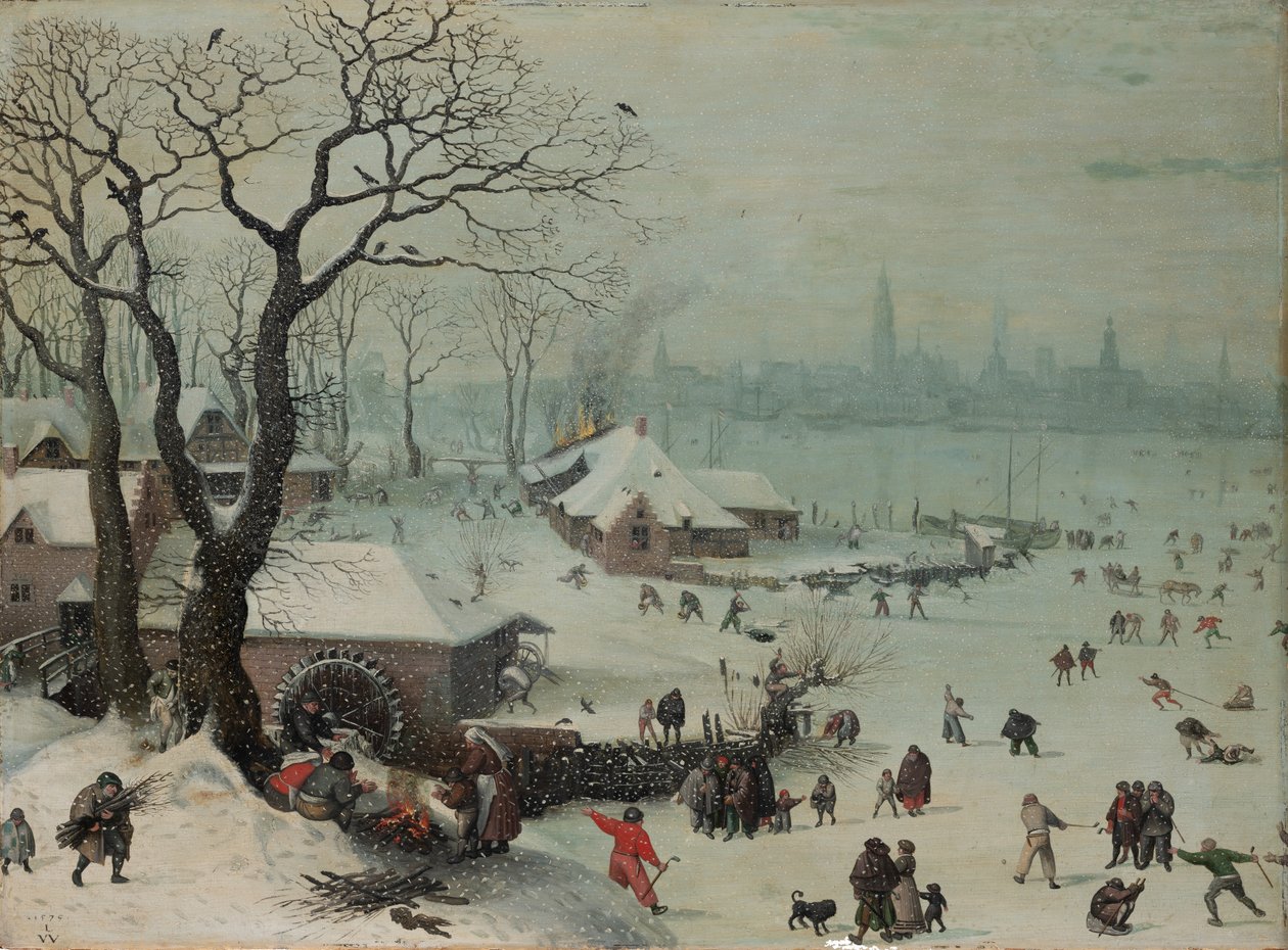 Winterlandschap met sneeuwval bij Antwerpen door Lucas van Valckenborch