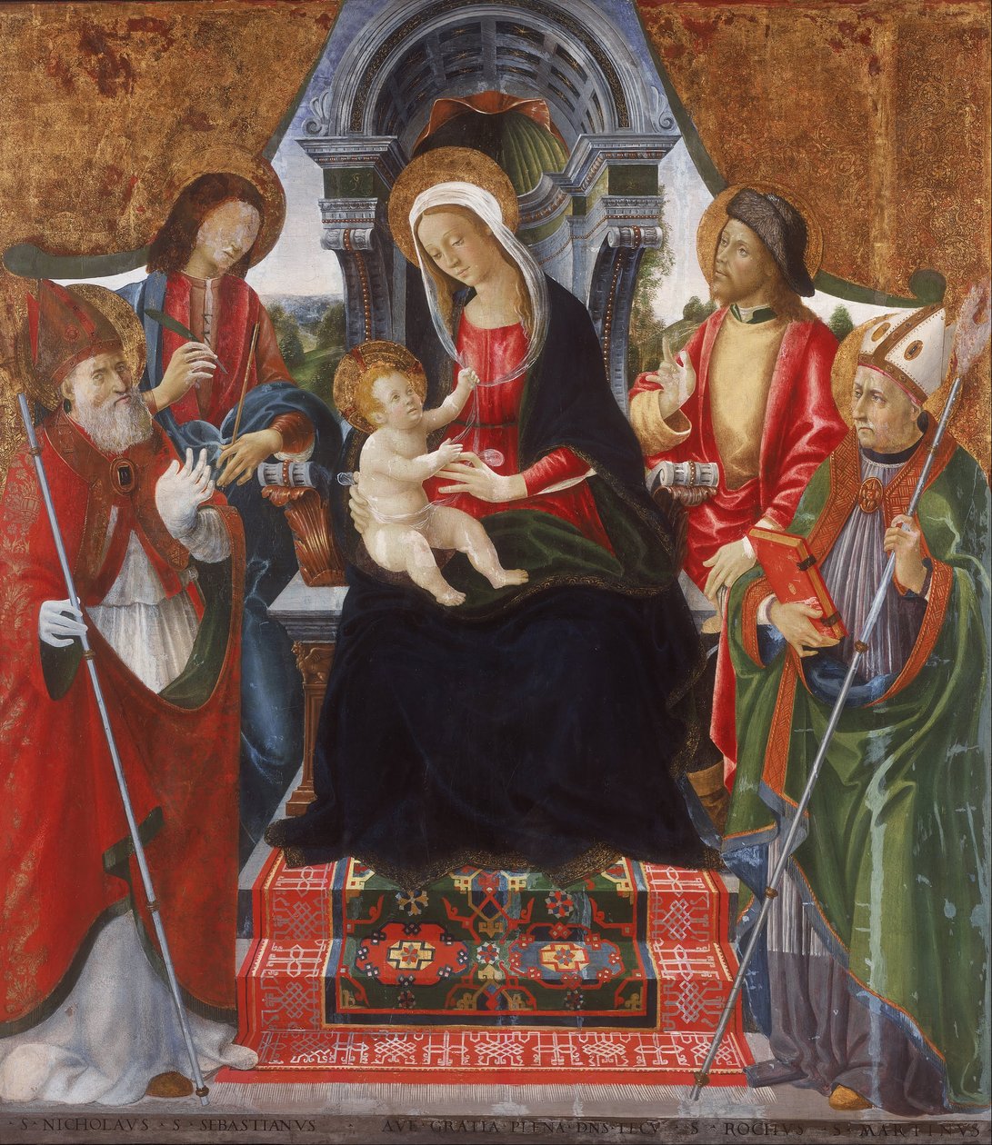 Maagd en Kind met heiligen Nicolaas, Sebastiaan, Rochus en Martinus door Lucchese School Late 15th Century