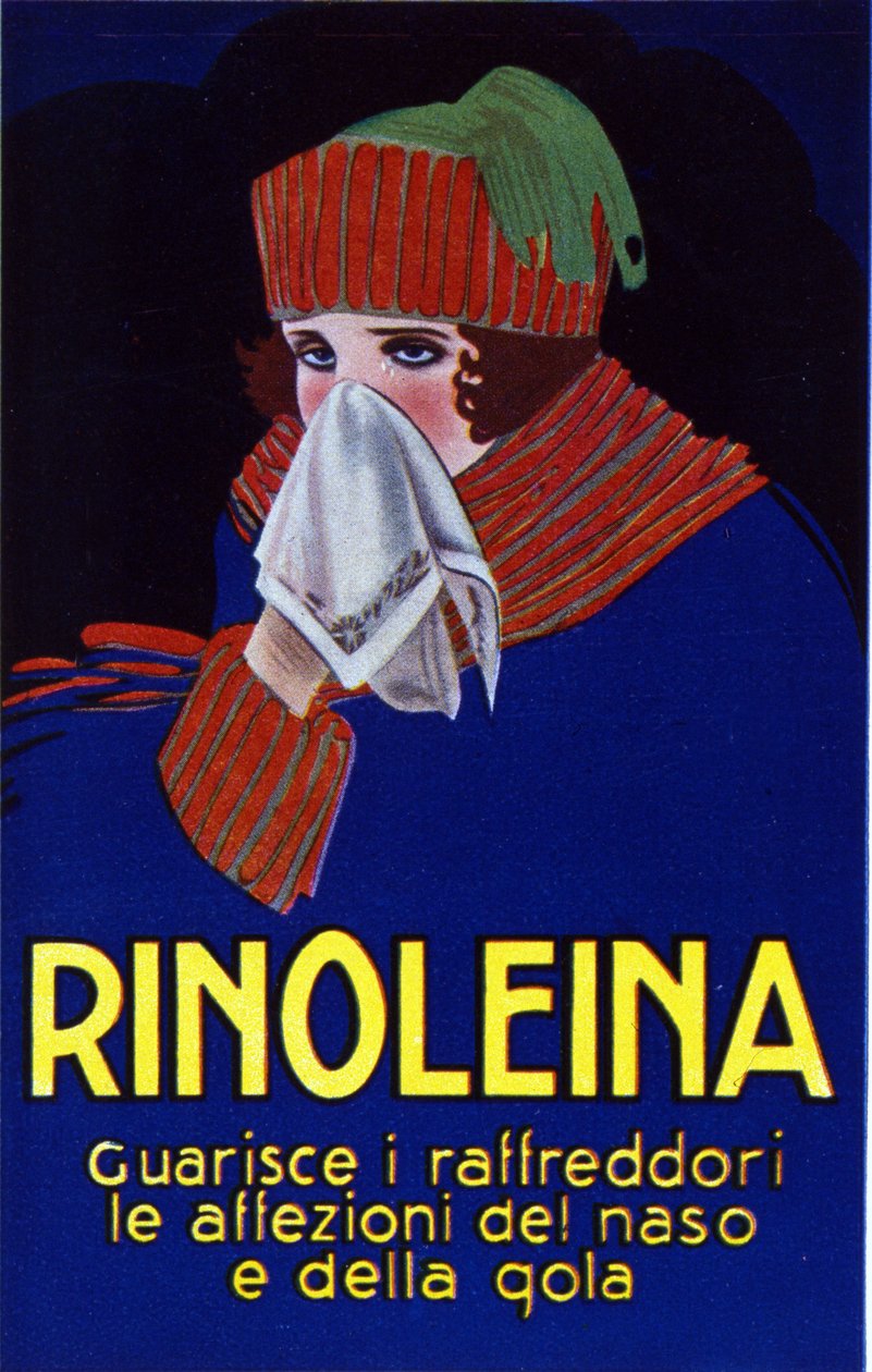 Reclame voor het medicijn Rinoleina tegen verkoudheid, keelpijn en hoest. Illustratie door Lucien Achille Mauzan (1883 - 1952). door Luciano Achille Mauzan