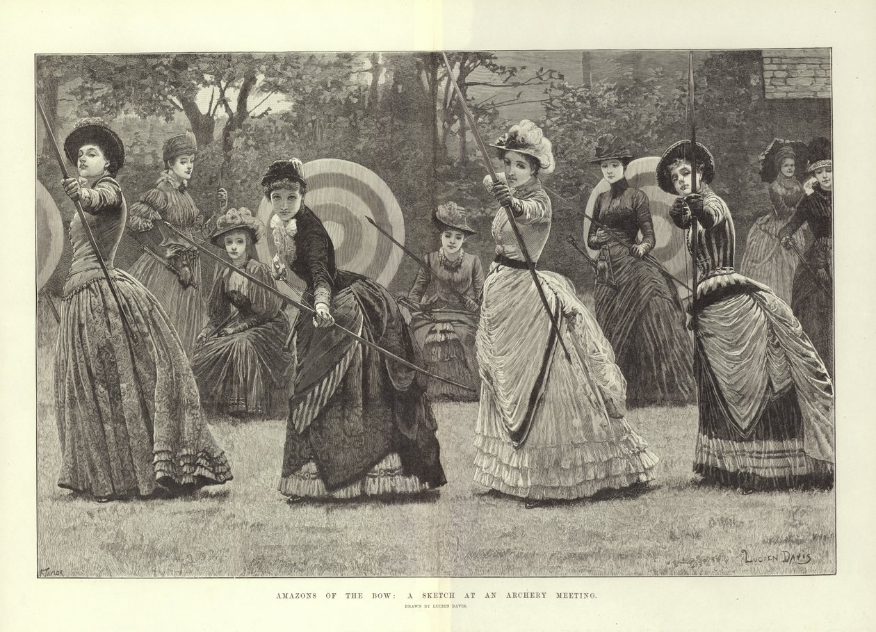 Amazones van de boog: een schets van een bijeenkomst boogschieten (gravure) door Lucien Davis