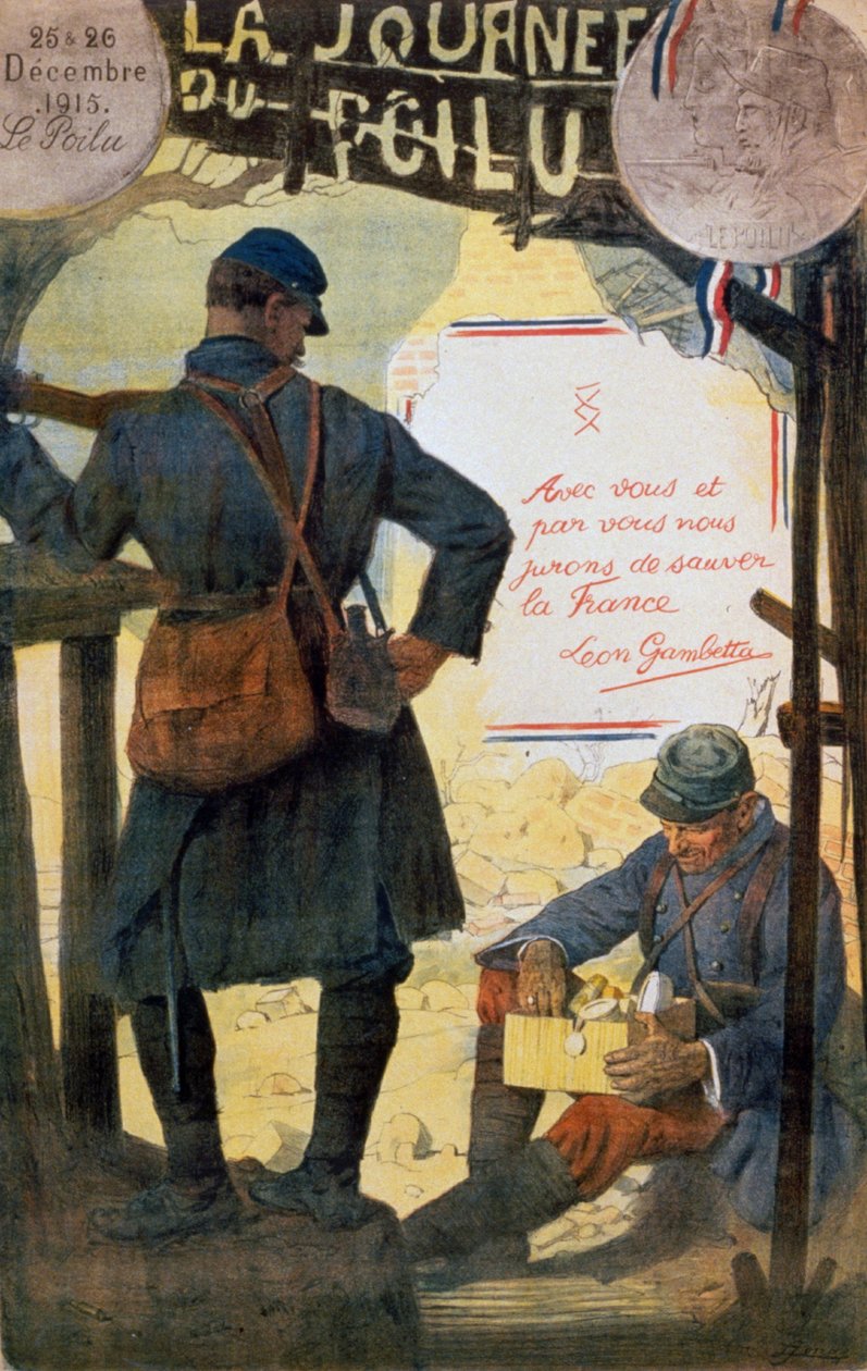 Twee Franse soldaten doorzoeken zorgpakketten van thuis. door Lucien Hector Jonas