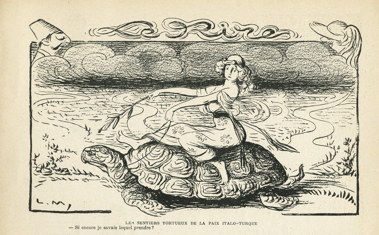 Illustratie in Le Rire, 05/10/12 - De kronkelige paden van vrede Italo-Turks - Oorlog, Turkije, Italië, Vrede - Schildpad - Animatie, Allegorie (gravure) door Lucien Metivet