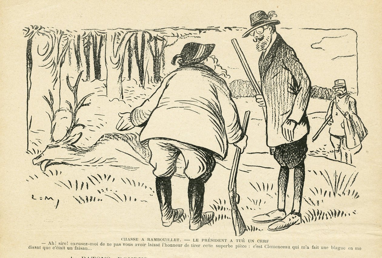 Illustratie in Le Rire, 05/12/08 - Jacht in Rambouillet - Natuur Vegetatie, Jacht jager, President van de Republiek, Rambouillet - Clemenceau Georges, Fallieres Armand (1841-1931), Hert door Lucien Metivet