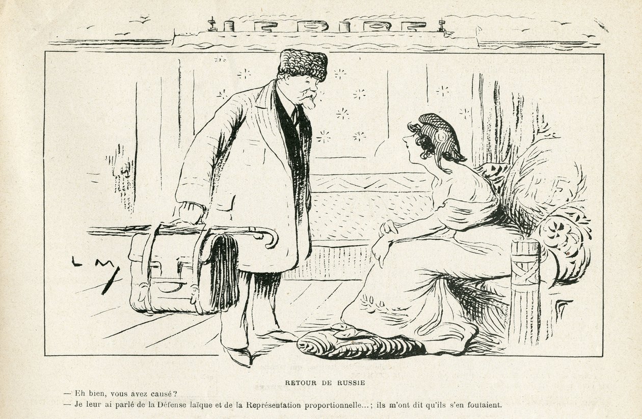Illustratie in Le Rire, 24/08/12 - Terugkeer uit Rusland - Antiklerikalisme, Rusland, President van de Republiek, Hoeden, Officieel bezoek - Marianne, Poincare Raymond (gravure) door Lucien Metivet