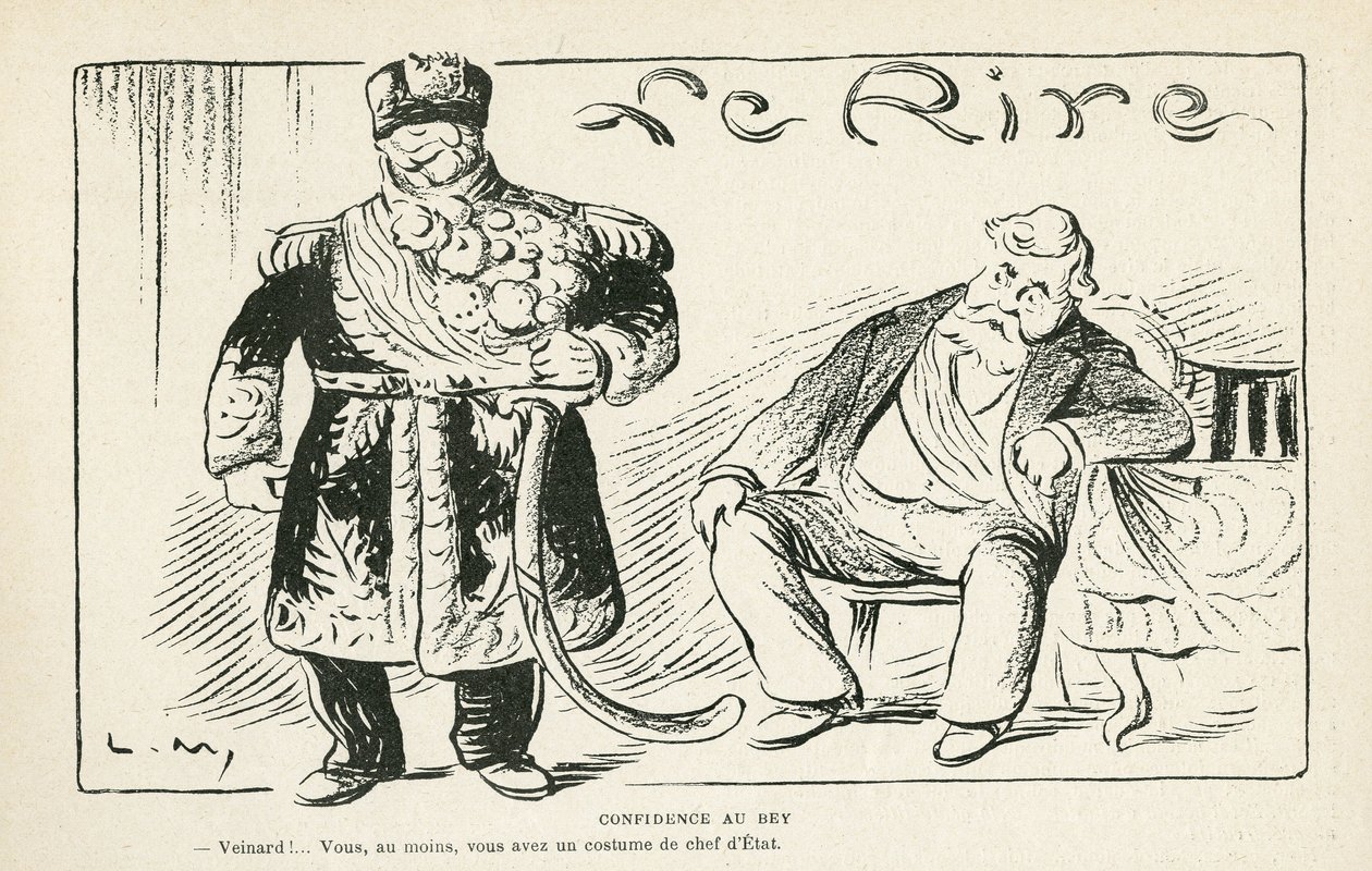 Illustratie in Le Rire, 27/07/12 - Vertrouwen aan de bey - Kolonisatie - Fallieres Armand, Naceur Bey (Mohamed el-Naceur Bey) (gravure) door Lucien Metivet