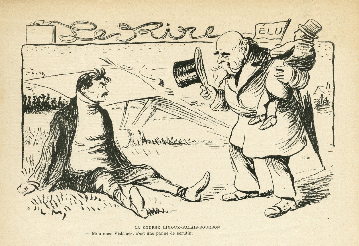 Illustratie in Le Rire, 30/03/12 - De Limoux-Palais-Bourbon race - Verkiezingen, Luchtvaart - Vedrines Jules (1881-1919) (gravure) door Lucien Metivet