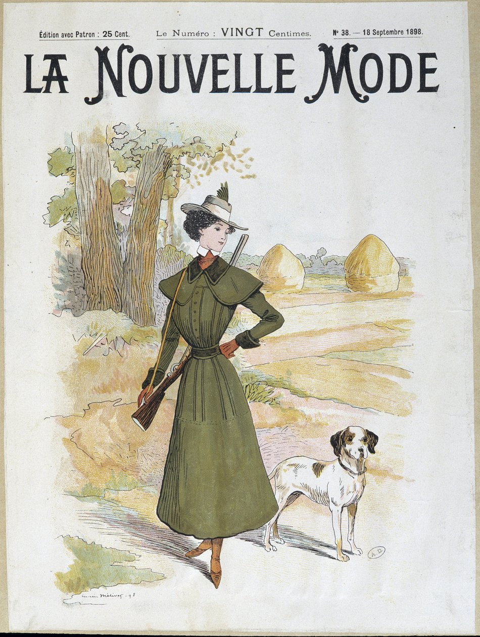Vrouw in jachtkleding met een geweer - in "La Nouvelle Mode" van sept. 1898 door Lucien Metivet
