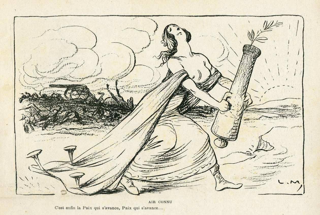 Illustratie in Le Rire, 03/05/13 - Vertrouwde Lucht - Balkan, Geweren, Granaten, Vrede, Eerste Wereldoorlog (gravure) door Lucien Metivet
