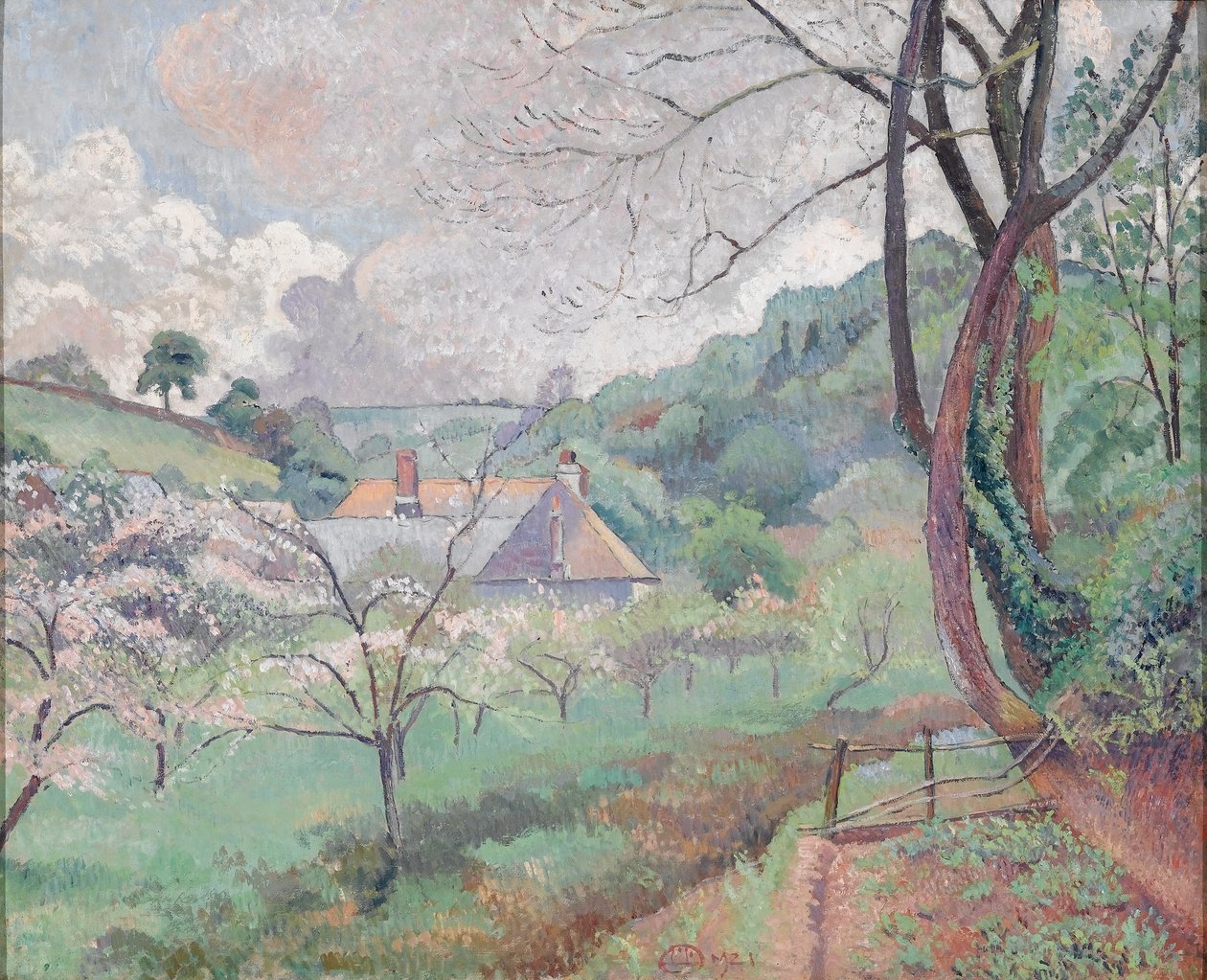 Appelbloesem, Riversbridge Farm, Blackpool door Lucien Pissarro