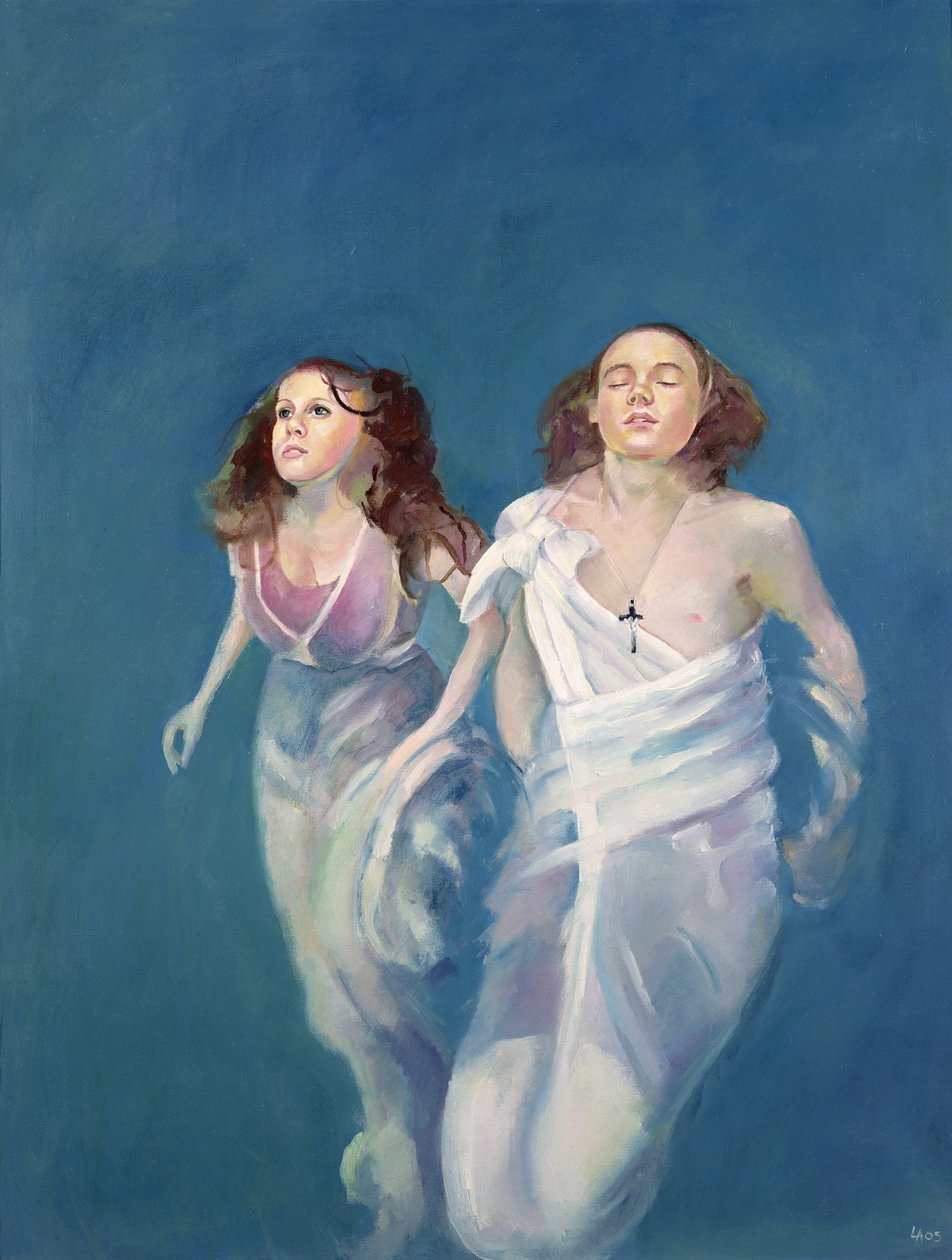 Een drijvende jongen en meisje, 2004 (olieverf op doek) door Lucinda Arundell