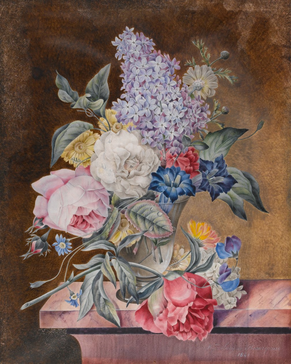 Vaas met bloemen waaronder een roos en sering op een marmeren rand, 1841 door Lucy de Beaurepaire