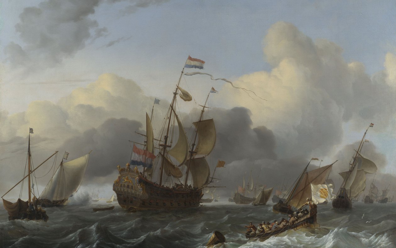 De Eendracht en een vloot van Nederlandse oorlogsschepen, ca. 1670-75 door Ludolf Backhuysen