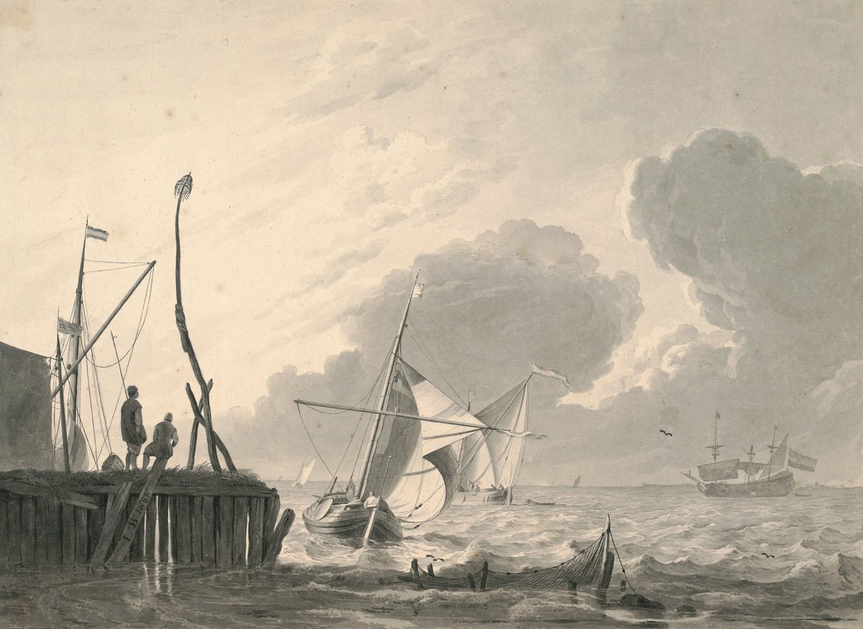 Haven aan zee bij naderend onweer door Ludolf Bakhuizen