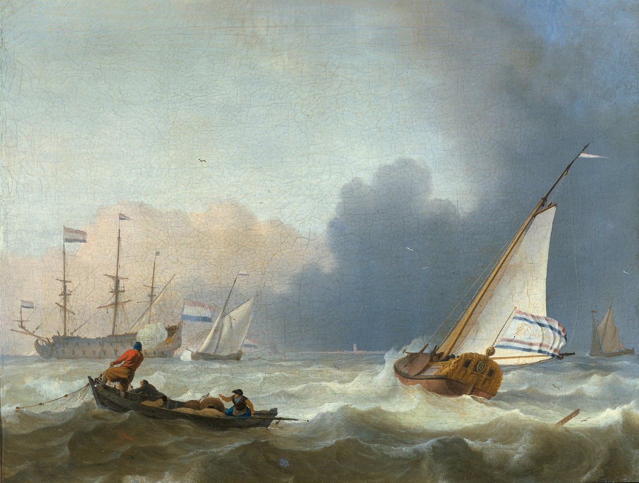 Woeste zee met een Nederlands jacht onder zeil door Ludolf Bakhuizen