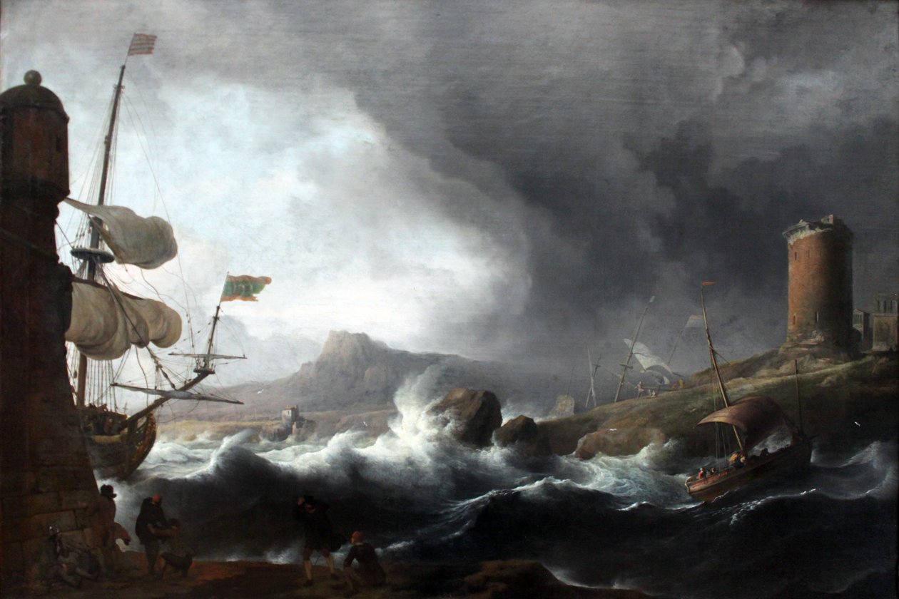 Stormachtige zee aan bergachtige kust door Ludolf Bakhuizen