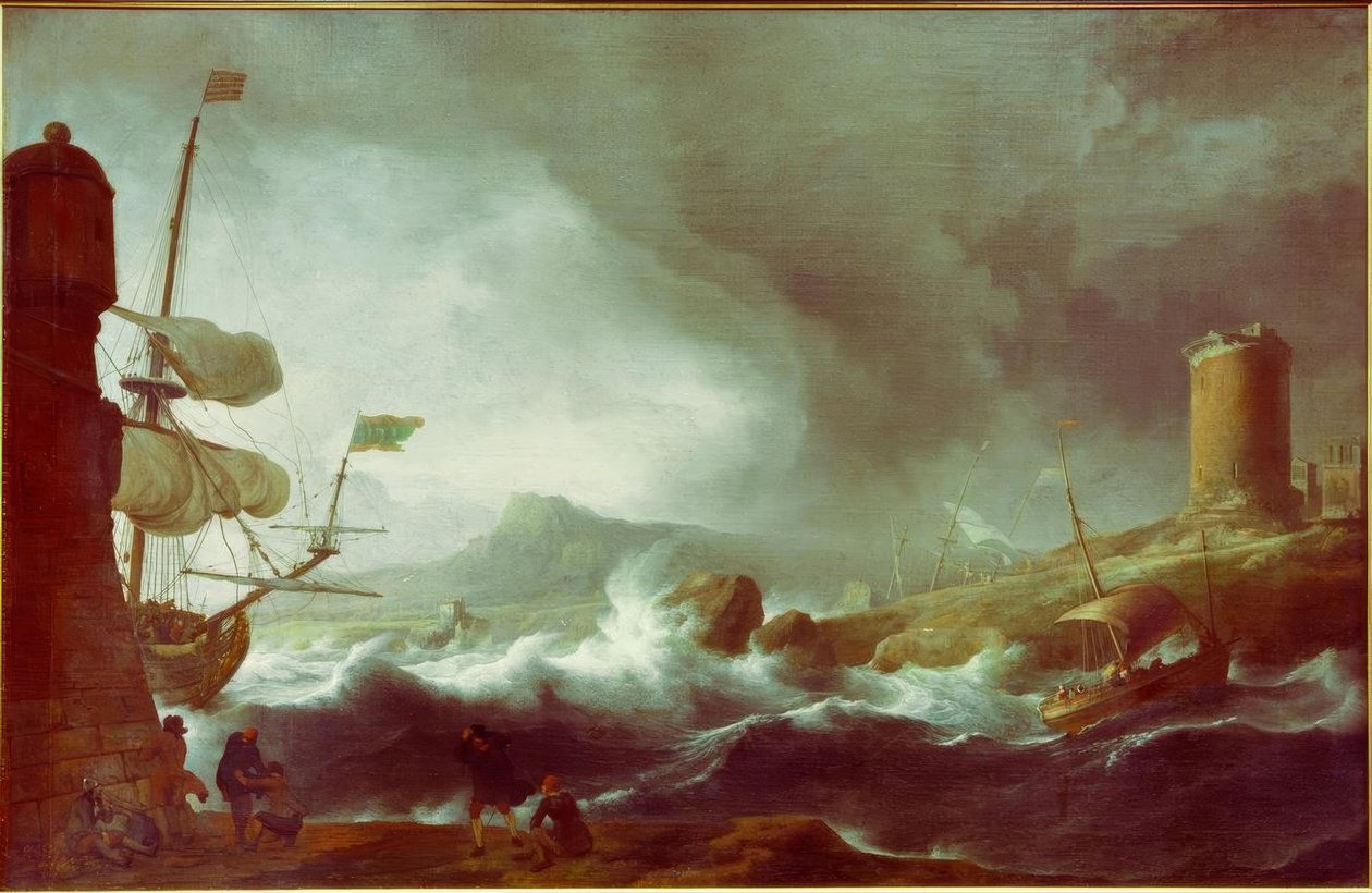 Stormachtige zee aan bergachtige kust door Ludolf Backhuysen
