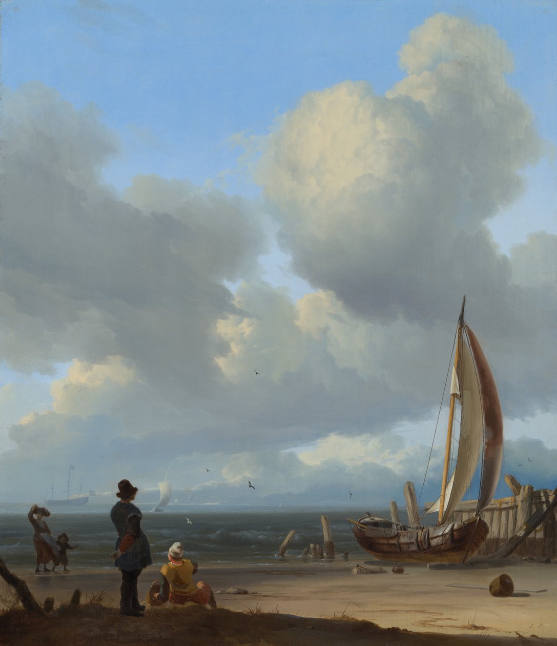 Dutch: Zeegezicht met figuren bij een vissersboot op het strand An extensive seascape with figures by a boat on a shore near Huisduinen door Ludolf Bakhuizen