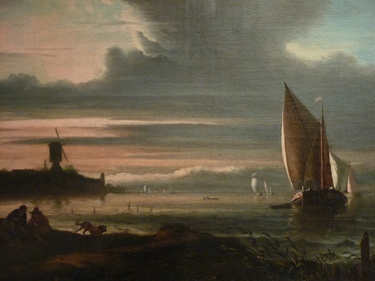 Duits: Zeekust met zeilboten en molen Het Blauwhoofd in Amsterdam
 detail door Ludolf Bakhuizen