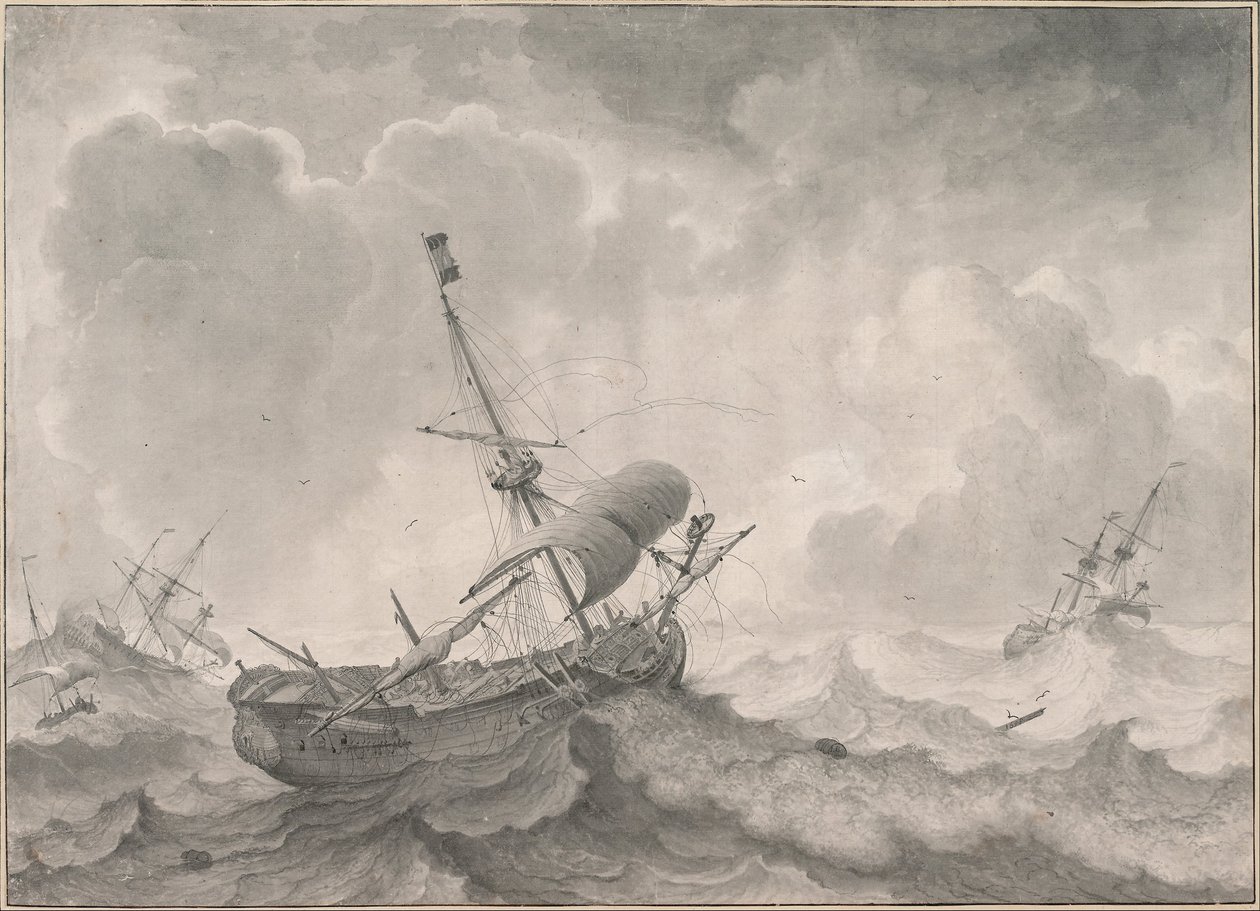 Schepen op een stormachtige zee door Ludolf Bakhuizen