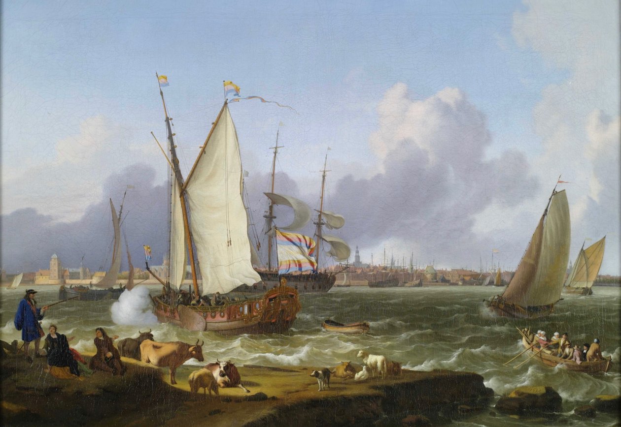 Zicht op Emden vanaf het eiland Nesserland door Ludolf Bakhuizen
