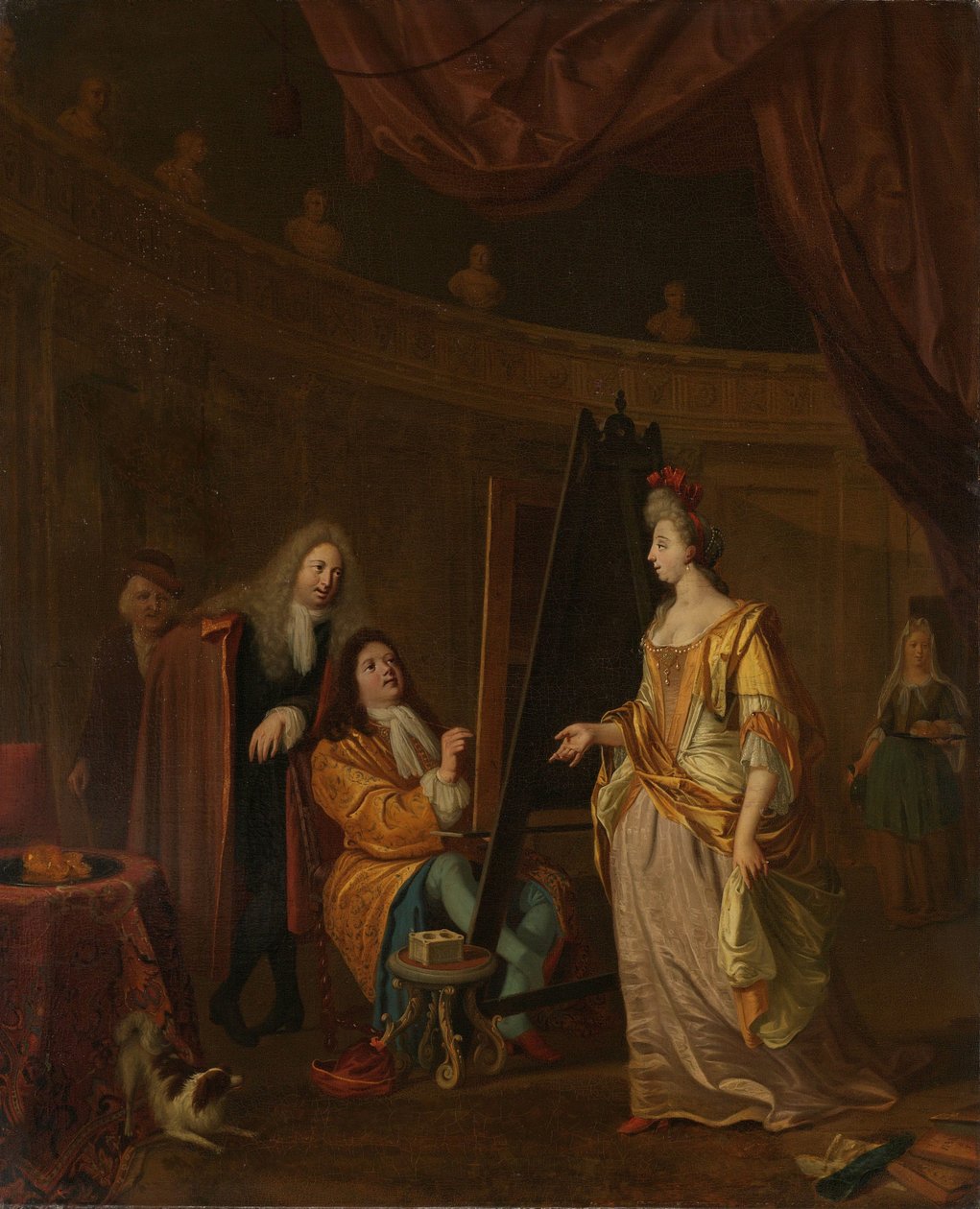 Een kunstenaar in zijn atelier, schildert het portret van een dame door Ludolf Bakhuysen