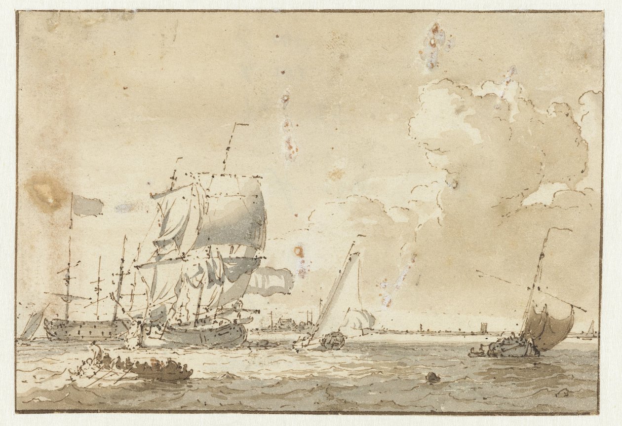 Schepen op het water voor een stad door Ludolf Bakhuysen