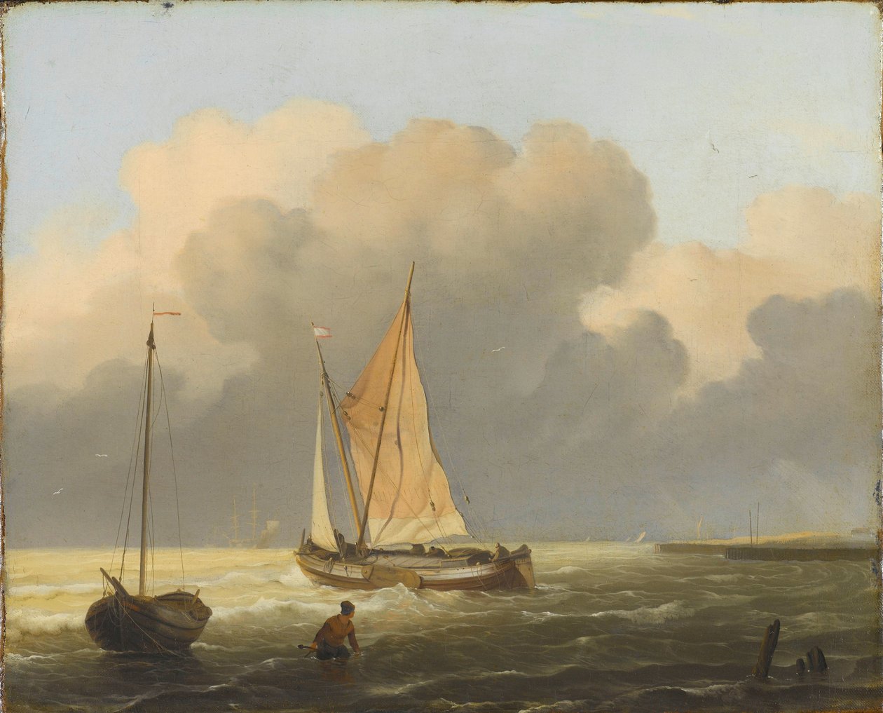Zeeën voor de kust, met sprietzeilschuit door Ludolf Bakhuysen