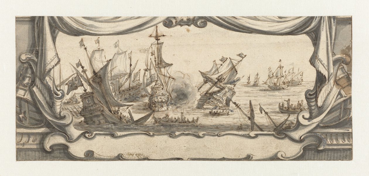 Zeegevecht in een cartouche door Ludolf Bakhuysen