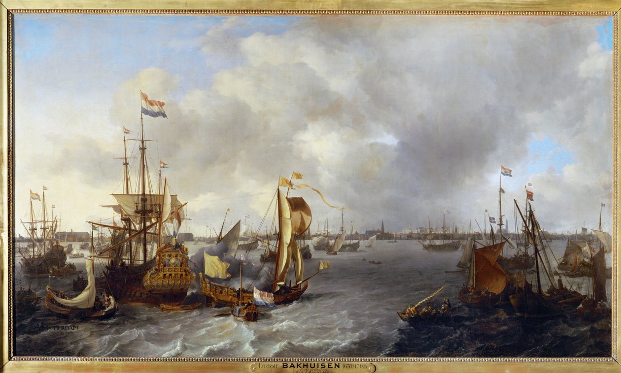 De haven van Amsterdam gezien vanaf de Ijssel ... door Ludolf I Backhuyzen
