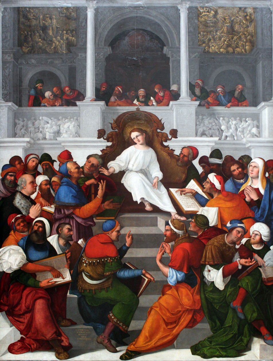 De twaalfjarige Jezus die in de tempel onderwijst door Ludovico Mazzolino