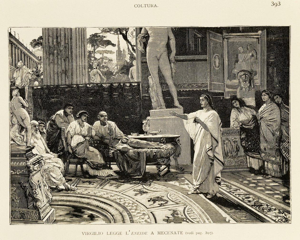 Maecenas luistert naar Vergilius die de Aeneis voorleest, illustratie voor Vroege geschiedenis van Rome door Ludovico Pogliaghi