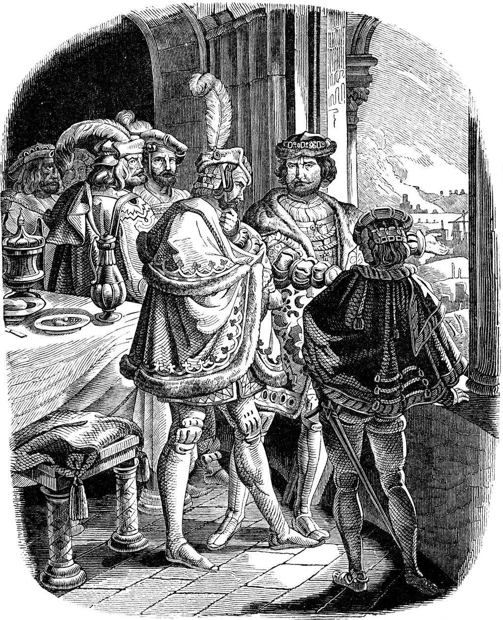 Frederik I maaltijd in kasteel Heidelberg 1462 Illustratie uit de Geschichte des deutschen Volkes door E. Duller, 1840 door Ludwig Adrian Richter