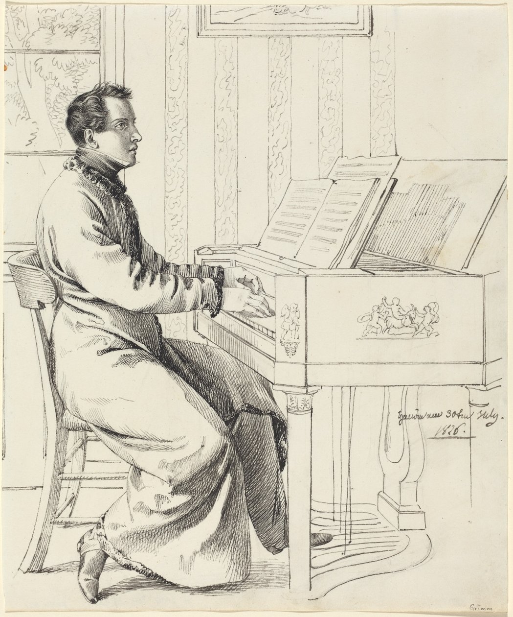 De zwager van de kunstenaar, Ludwig Hassenpflug, bereidt zich voor om piano te spelen door Ludwig Emil Grimm